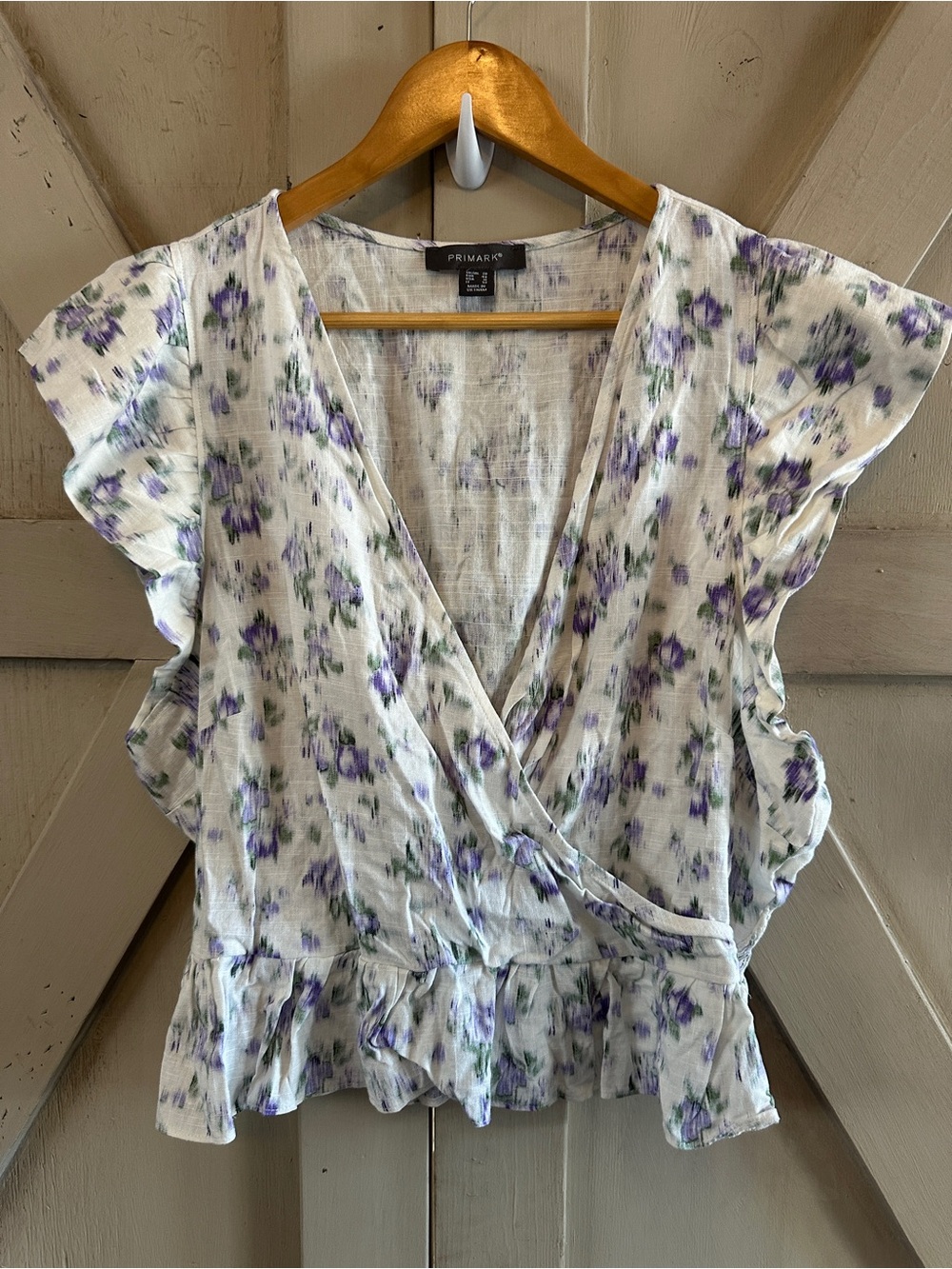 Primark Floral Faux Wrap Peplum Blouse Smocked Back Linen Blend Size 16